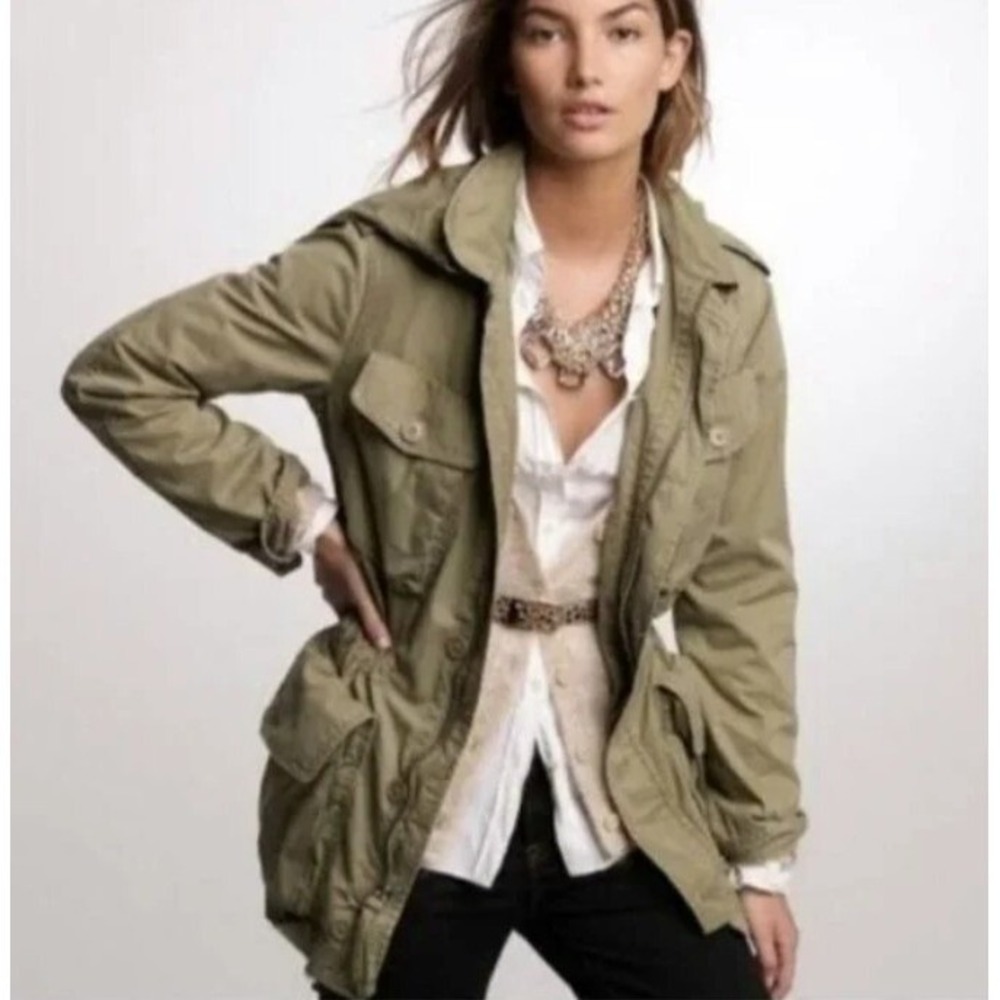 J. Crew Classic Twill Cargo Distressed Green Utility Field Hood Jacket Pockets 2